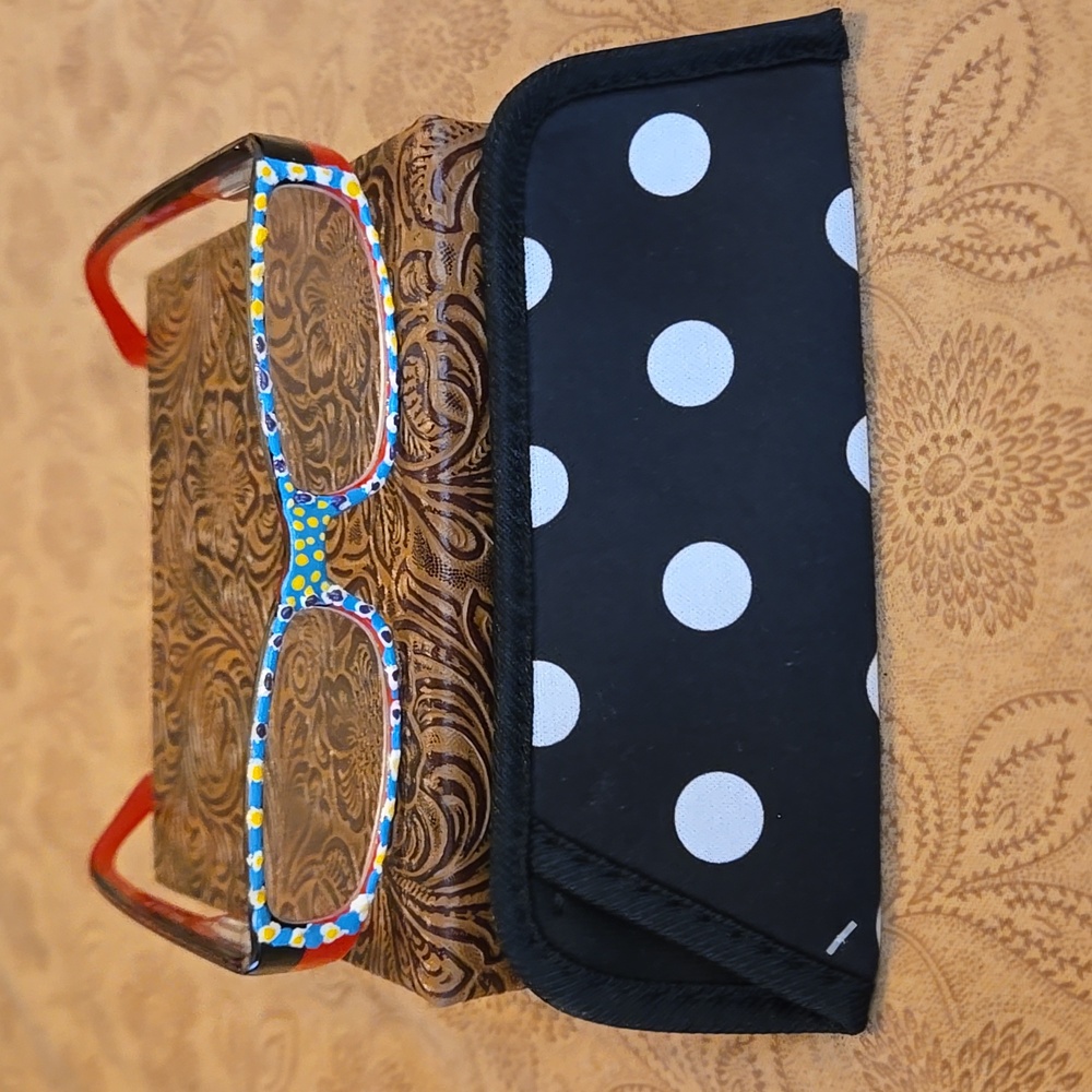 Hand Painted +1.25 Reading Glasses, rectangular shape with soft sleeve Case